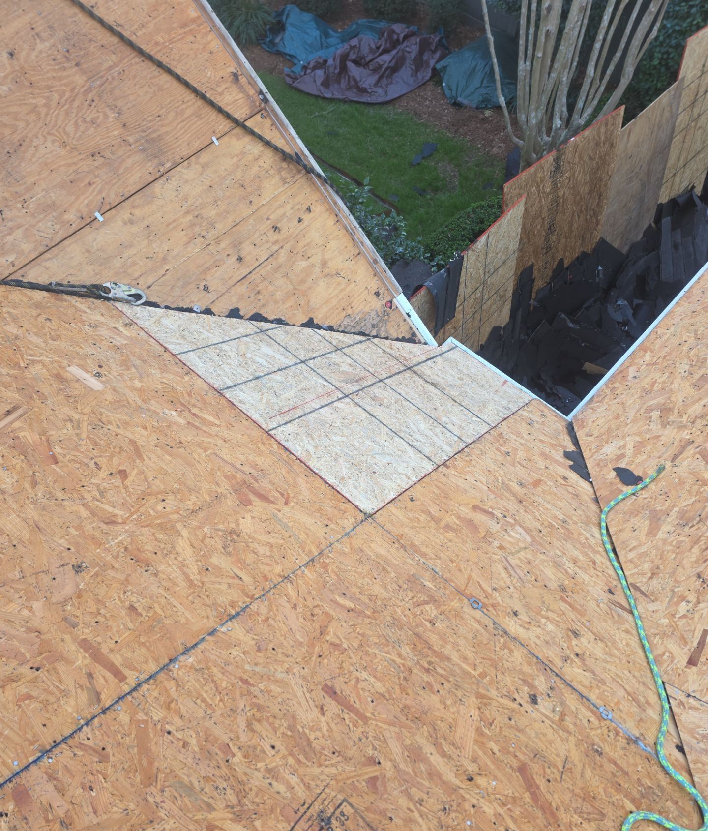 New plywood at the hip and valley of the torn-off Gulfport roof, the covered flower beds visible below