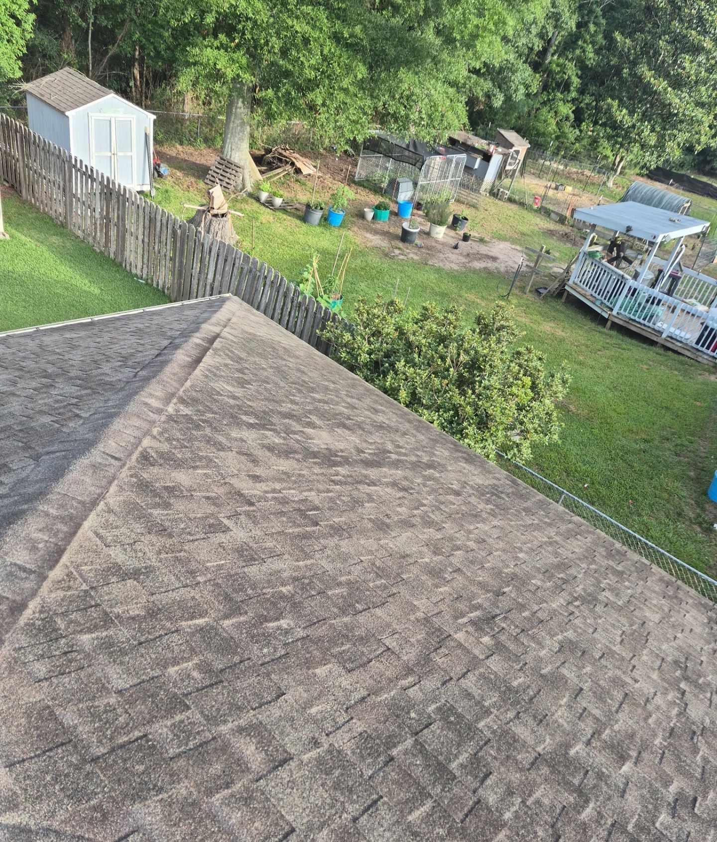 The worn brown shingle roof of the Long Beach home seen from above on the morning of tear-off, the backyard below
