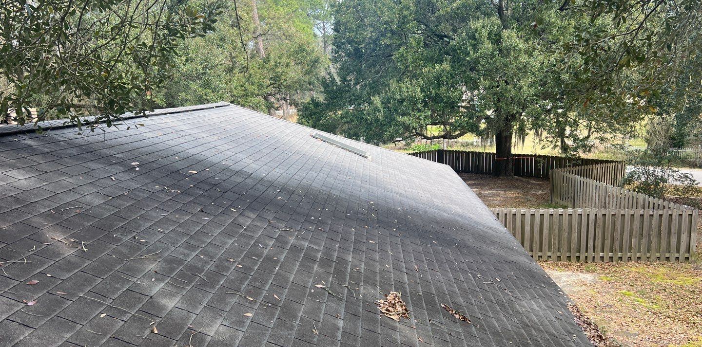 The worn three-tab shingle roof of the Ocean Springs main house before replacement, seen from the ridge over the yard