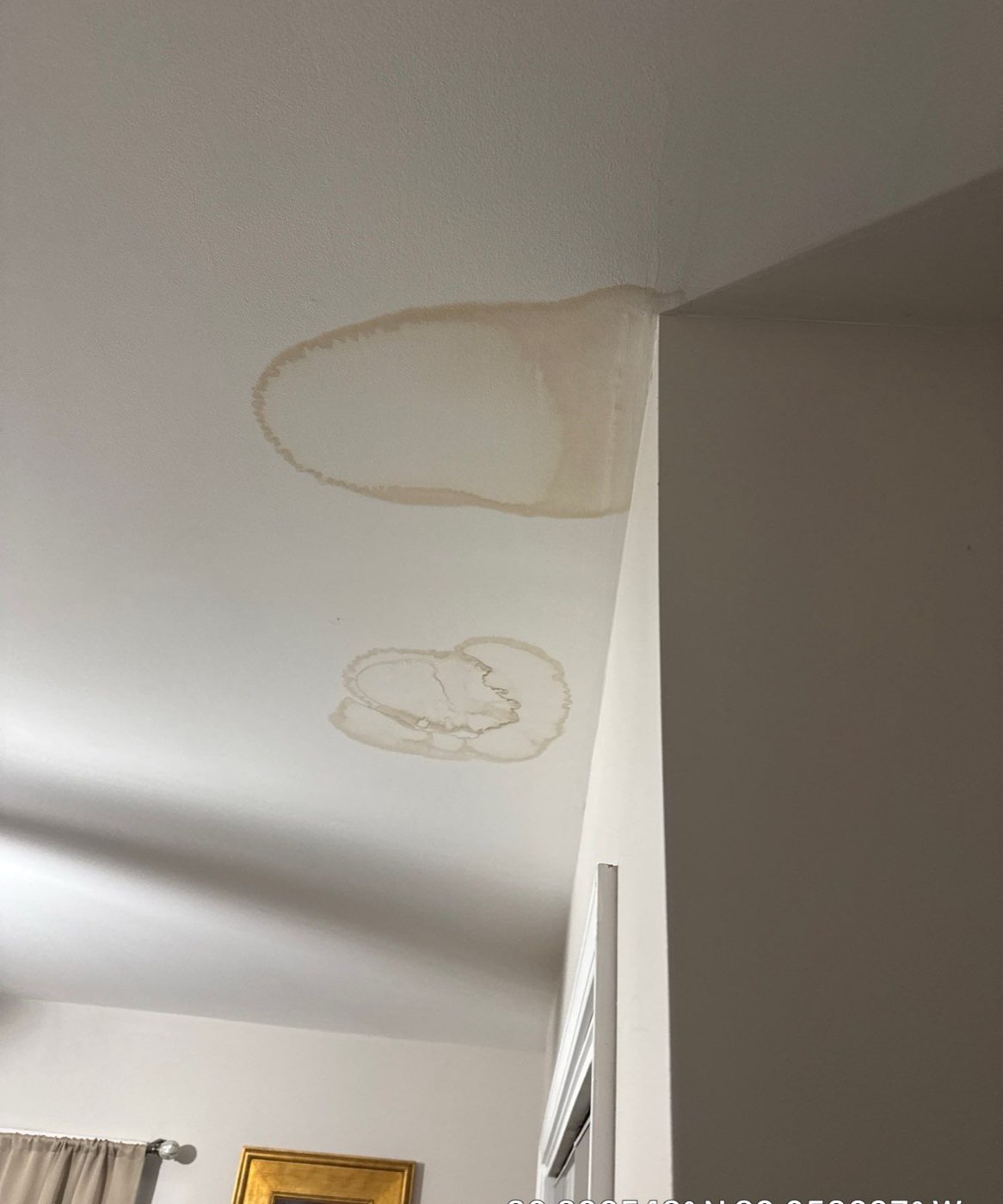 Water stains spreading across a ceiling and wall corner from an active roof leak in a Mississippi Gulf Coast home