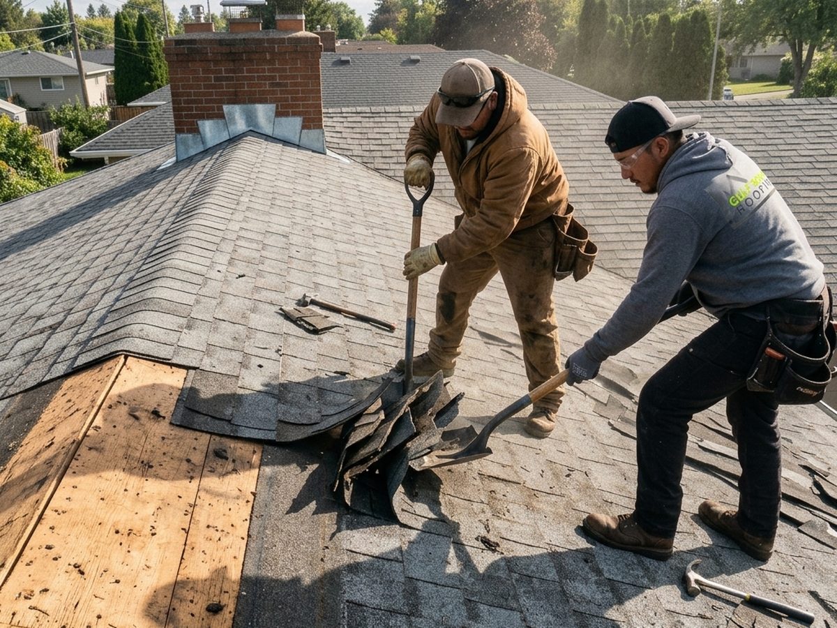 Gulf South Roofing crew tearing off old asphalt shingles down to the bare roof deck on a Mississippi Gulf Coast home
