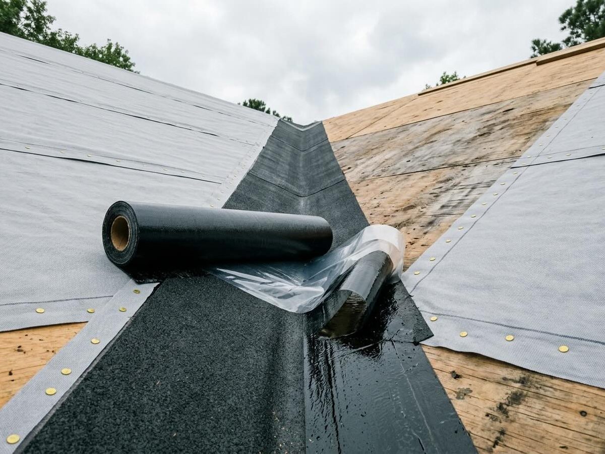 Ice-and-water shield leak barrier being rolled into a roof valley over new decking, with synthetic underlayment and cap nails either side, on a Mississippi Gulf Coast roof replacement