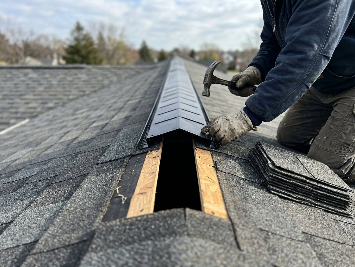 Roofer hammering a black ridge vent into the cut ridge opening on a shingle roof, installing attic ventilation during a Gulf South Roofing residential roof replacement