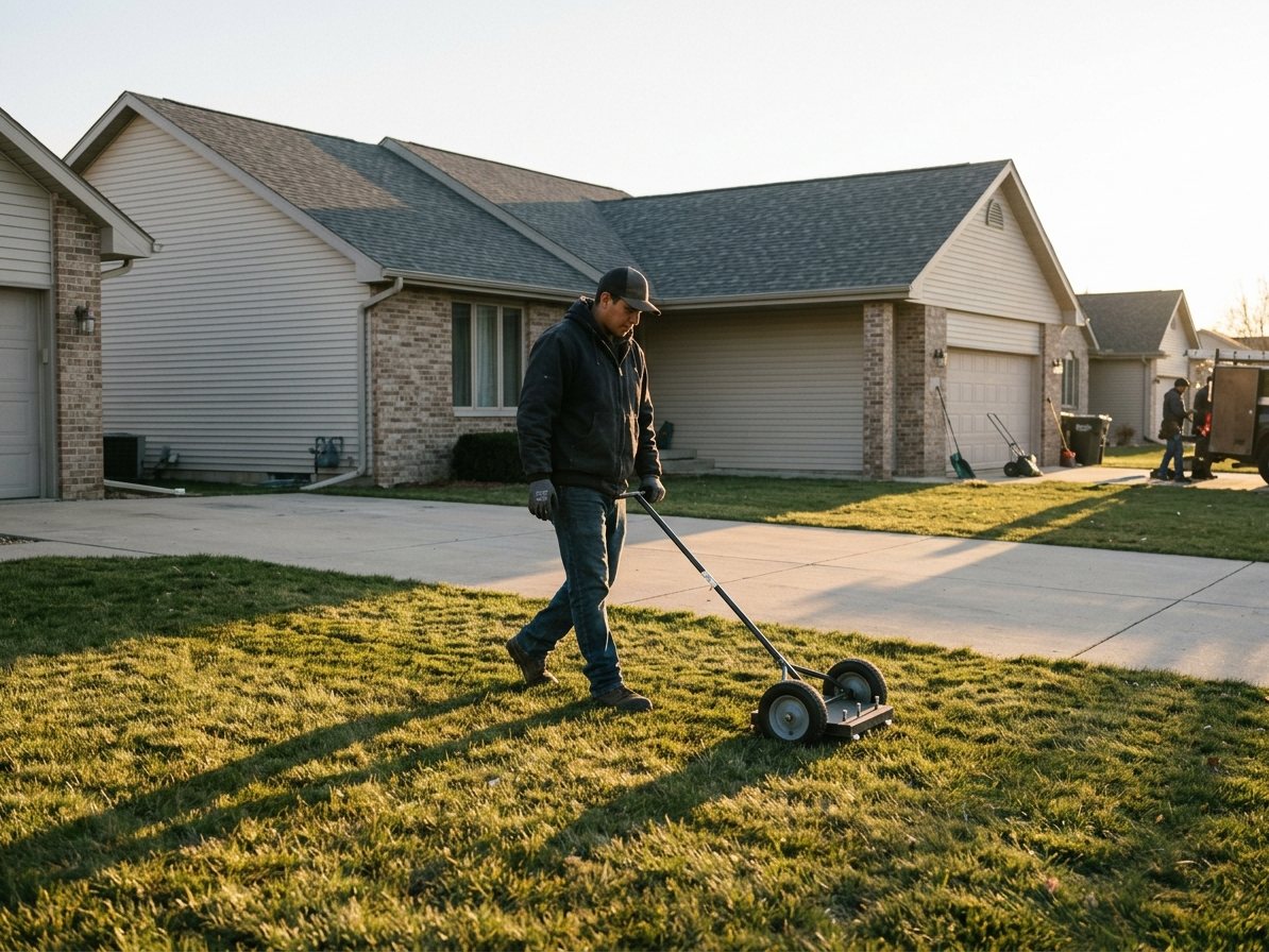 Gulf South Roofing crew member running a rolling magnet across the lawn to collect nails after a residential roof replacement on the Mississippi Gulf Coast