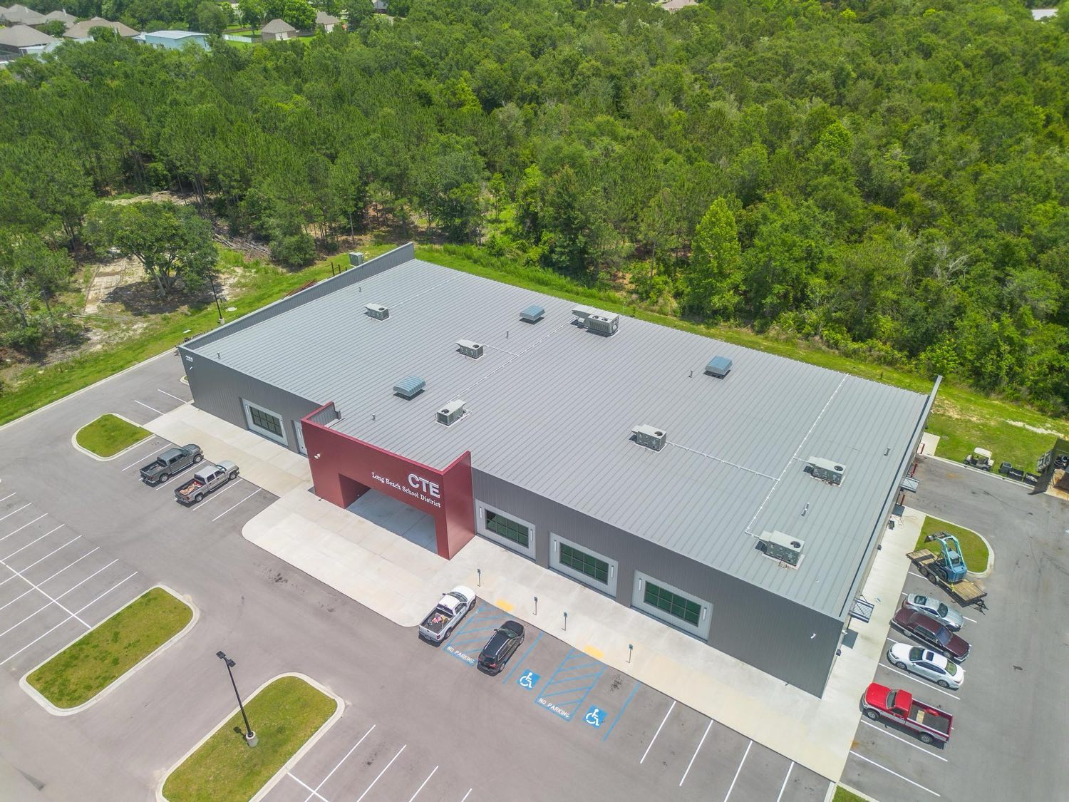 Long Beach School District CTE building entrance and metal roof