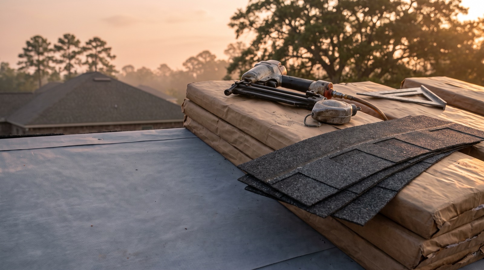 Bundles of architectural shingles, a roofing nailer and a chalk line on a roof deck at sunrise
