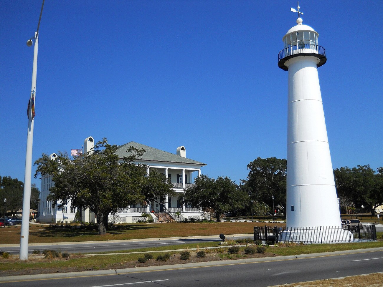 The white Biloxi Lighthouse on Highway 90 in Biloxi Mississippi