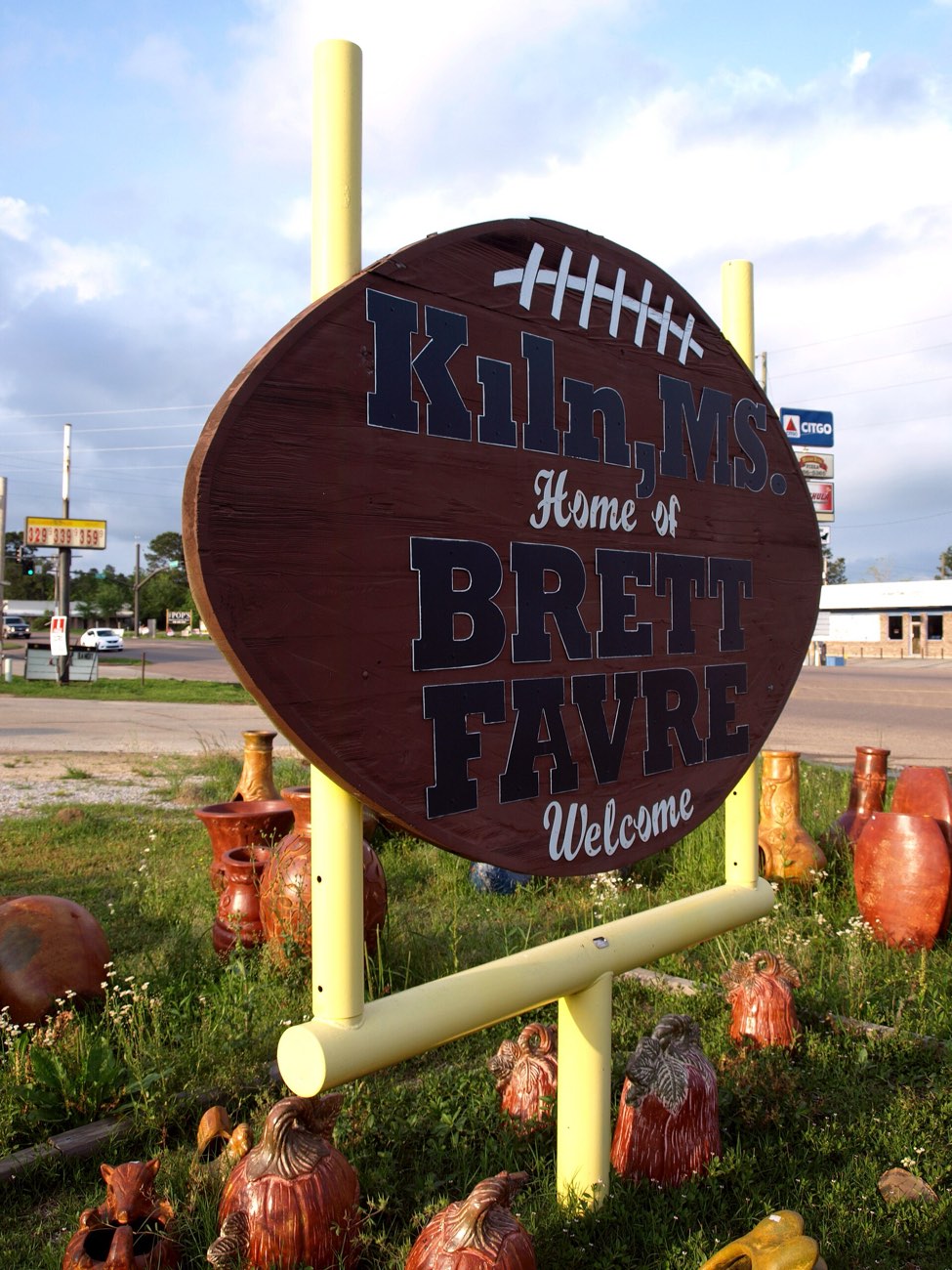 The Kiln Mississippi welcome sign celebrating hometown quarterback Brett Favre