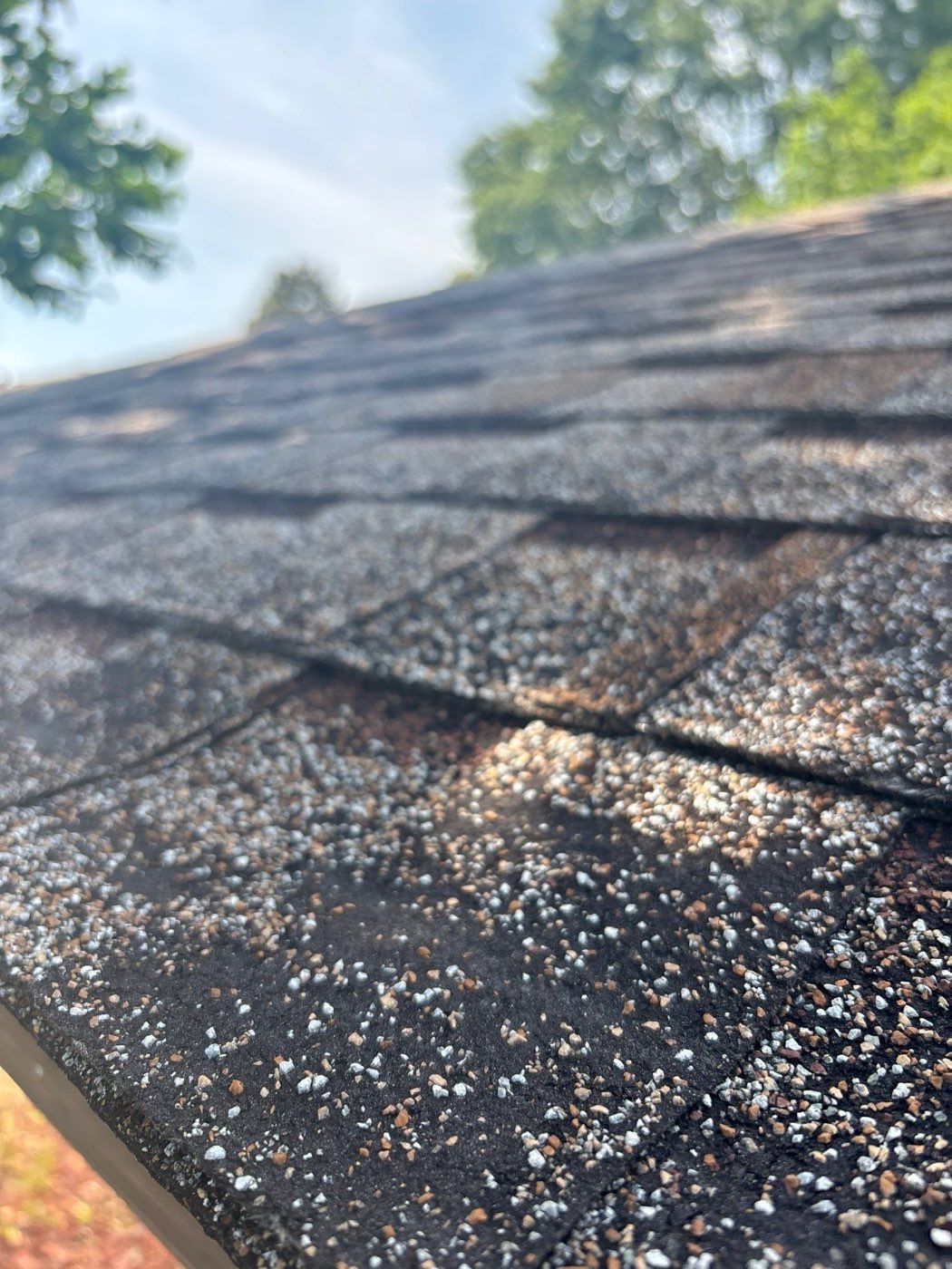 Granule loss documented across a shingle field during a Gulf South Roofing inspection