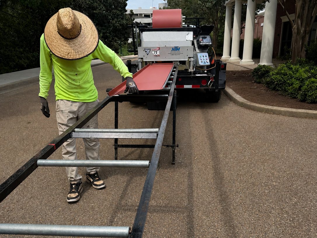 Gulf South Roofing crew member running red standing seam panels off a trailer-mounted roll former on site at the University of Mississippi in Oxford