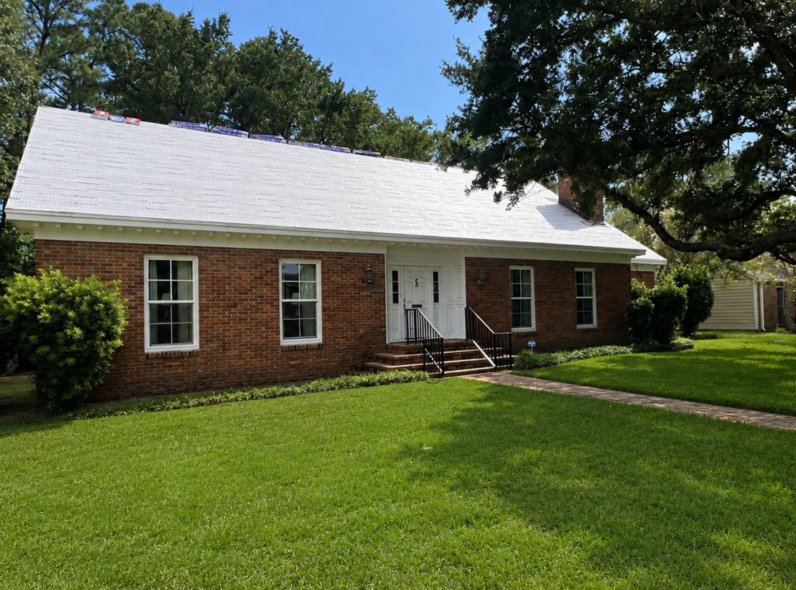 White synthetic underlayment dried in across the full roof of a brick Gulf Coast home before the shingles go on