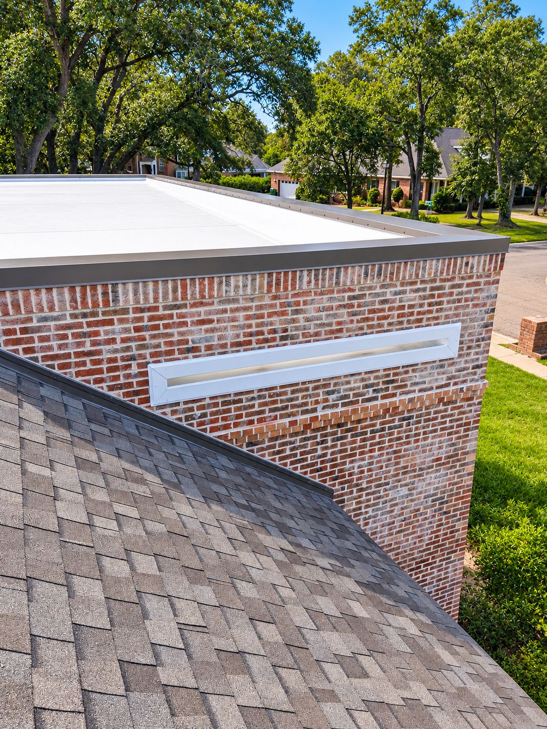 White TPO membrane on a brick-parapet low-slope section meeting an architectural shingle roof on a Gulf Coast home, the transition flashed as one assembly